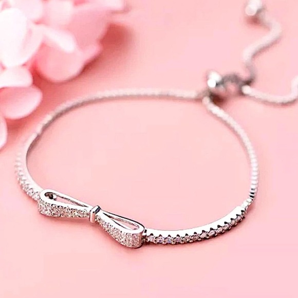 Silver Bracelet, Bow Tie Bracelet, Bowknot Bracelet, Cubic Zirconia, Anniversary - Picture 6 of 16